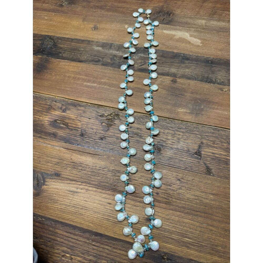 17” Baroque Coin Pearl Necklace Quartz Turquoise 14K Gold Clasp Beads 78.84g